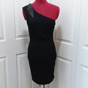 NEW ♦ Bebe ♦ black sheath cocktail Dress one shoulder embellished beads